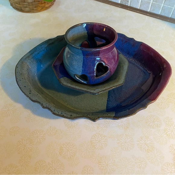 Vintage Pottery Set whimsical colours & heart candle holder jewelry dish catchal - Picture 11 of 12